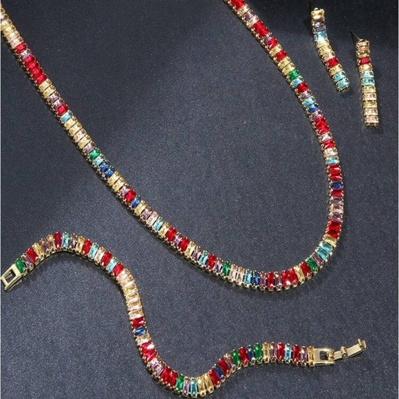 Gold Baguette Multicolor Rhinestone Choker Necklace Earrings Bracelet Set - Picture 2 of 12